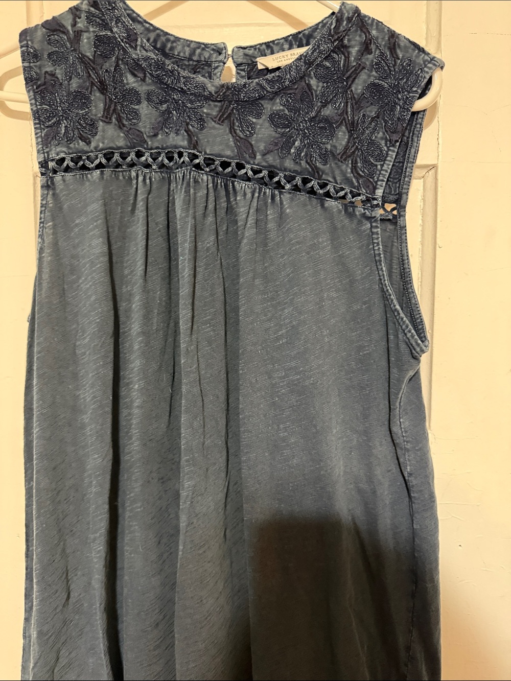 Lucky Brand Steel Blue Embroidered Sleeveless Tank
